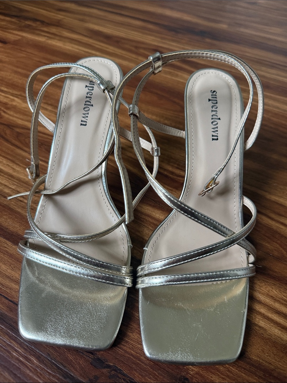 superdown Metallic Gold Strappy Square-Toe Heels